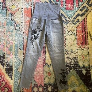 Maternity Gray Jeans with Black Floral Embroidery size S